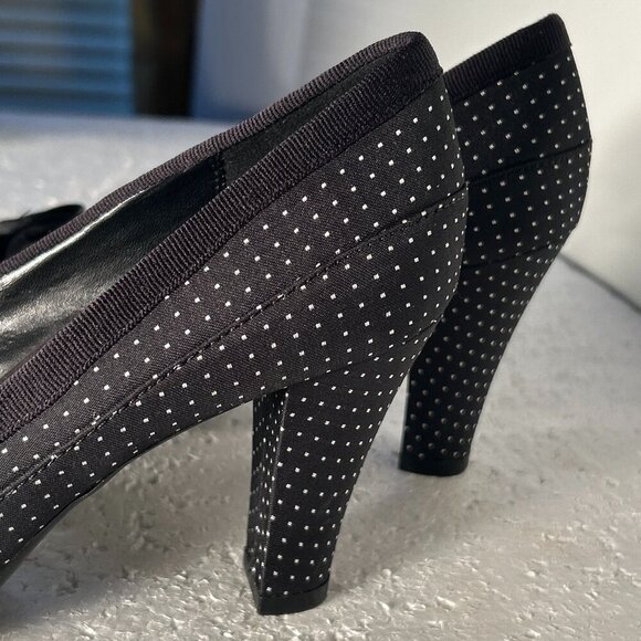 Aerosoles SZ 9 Benefit Black Polka Dot Peep Toe Heels 50's Bow Pin Up Office - Picture 8 of 12